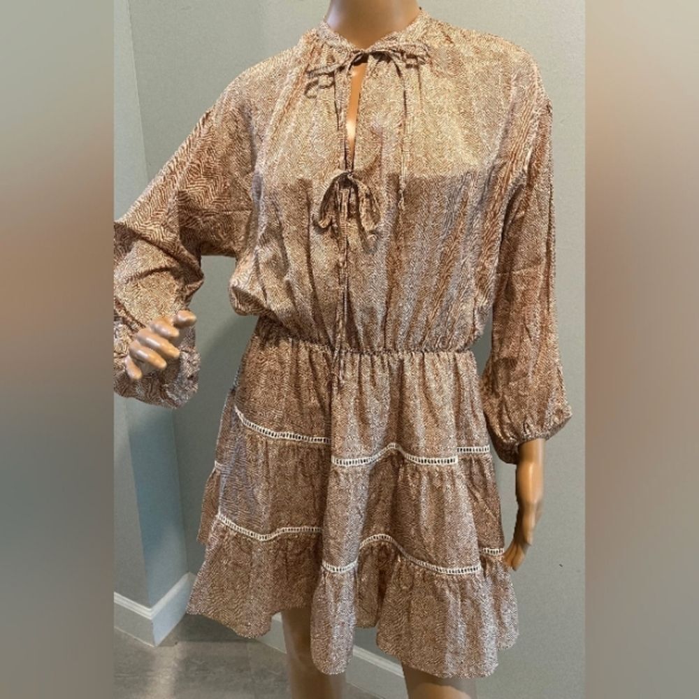 Watson X Watson "Low Collar Blouse" Dress in Taupe & Cream‎ Size 8  New W…